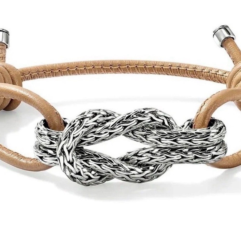 John Hardy Silver Braided Knot Bracelet with Beige Leather